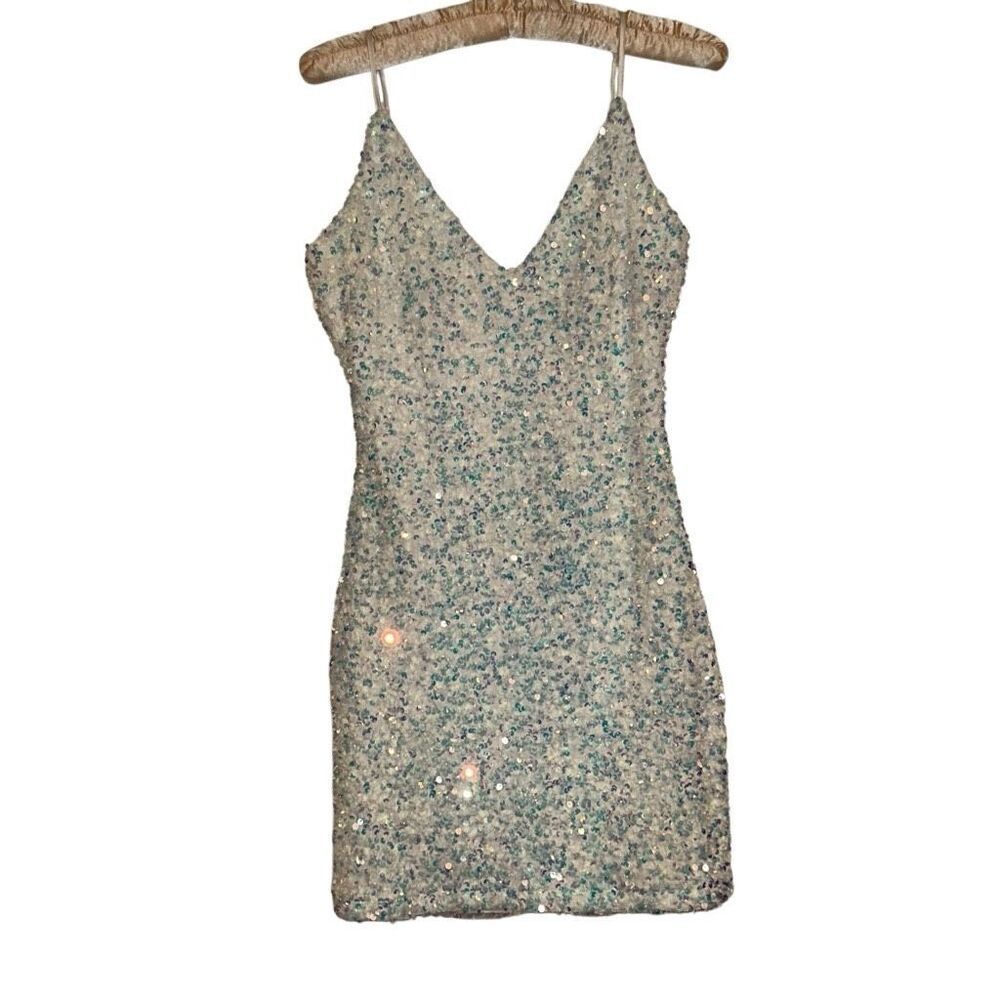 Windsor White iridescent Sequin Spaghetti Strap Mini Bodycon Dress Ladies Small